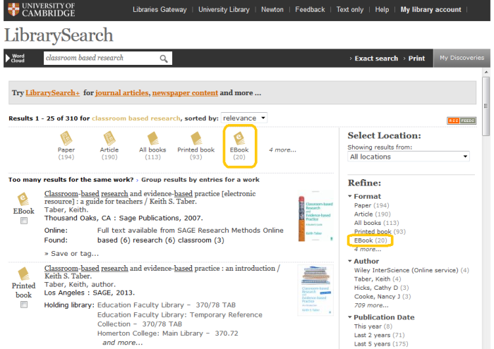 Finding e-books in LibrarySearch