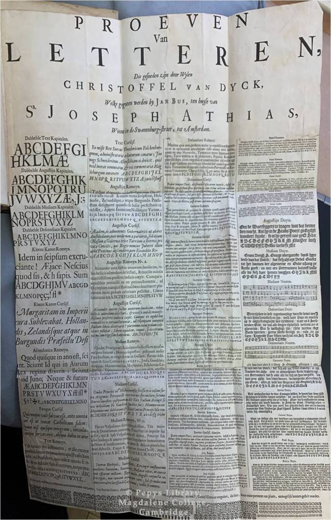 Image of ‘Proeven van letteren’, a Dutch broadsheet specimen of typefaces, displaying the work of Christoffel Van Dyck, Jan Bus and Rabbi Joseph Athias, published in approximately 1684