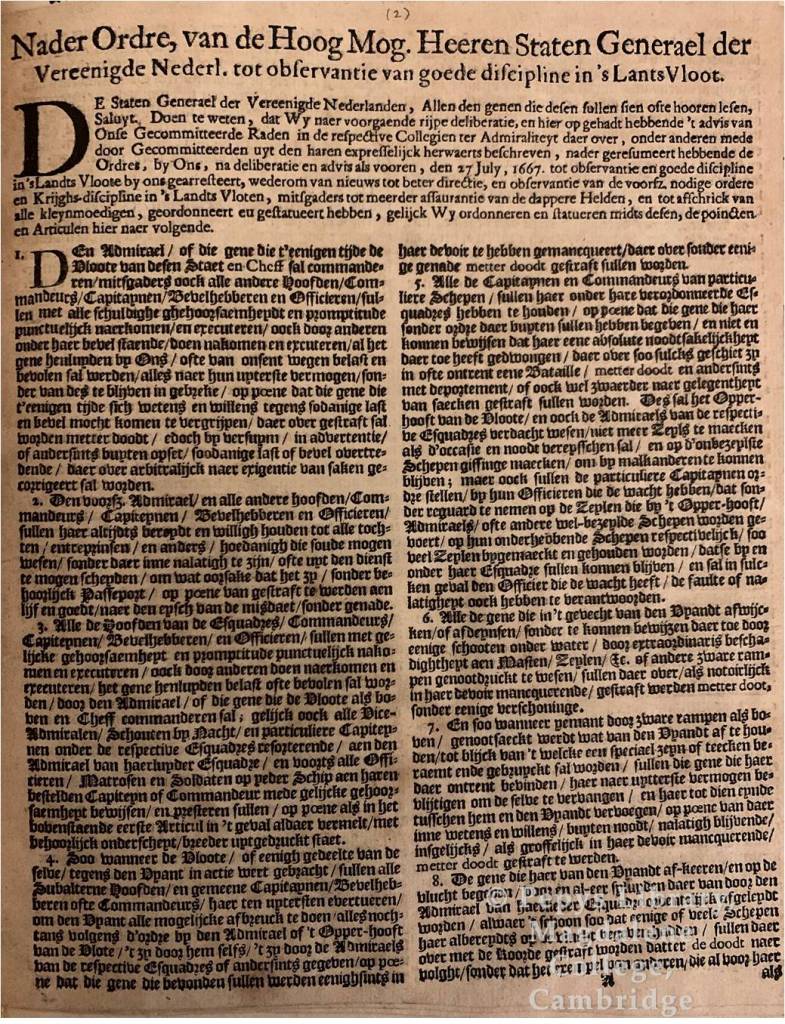 The Dutch publication entitled Nader ordre, van de hoog mog. heeren Staten Generael, printed in The Hague in 1672 by J. Scheltus