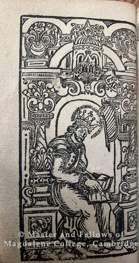 Woodcut illustration from the first page of the Slavonic book of Psalms, depicting King David reading a text