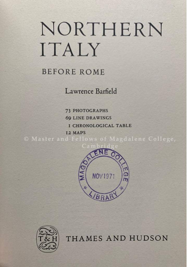 Title page of Lawrence Barfield's synthesis of Northern Italy before Rome, in the Thames & Hudson Peoples and Places Series. 