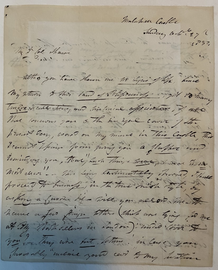 Letter from Sydney Morgan to Colonel Shawe dating from 1833
